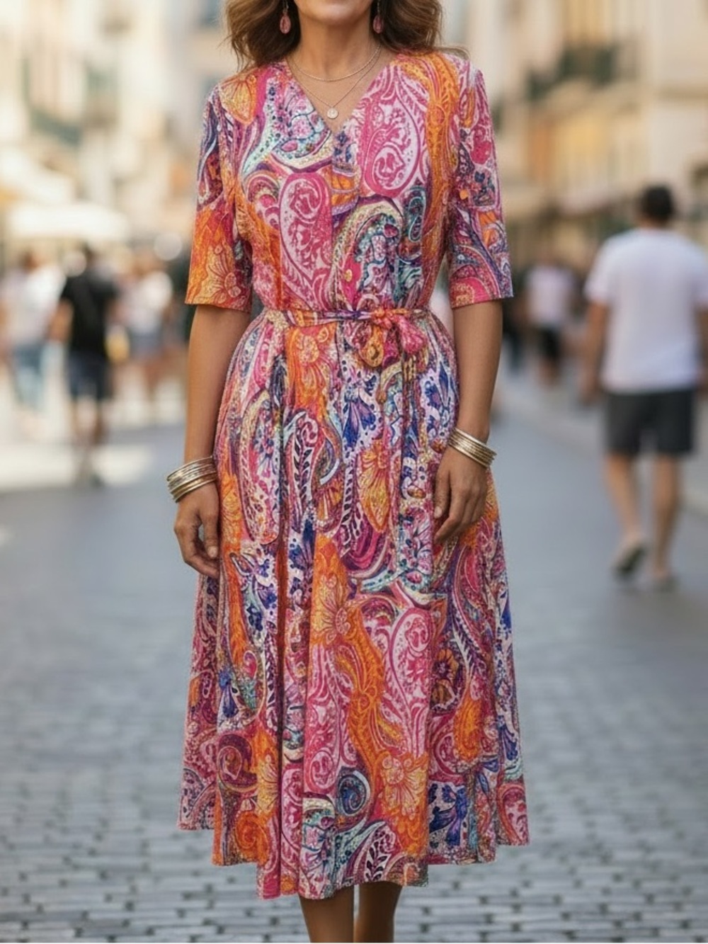 NWT CHAUS New York Pink Orange Paisley Midi Dress with Self-Tie Waist | Size XL